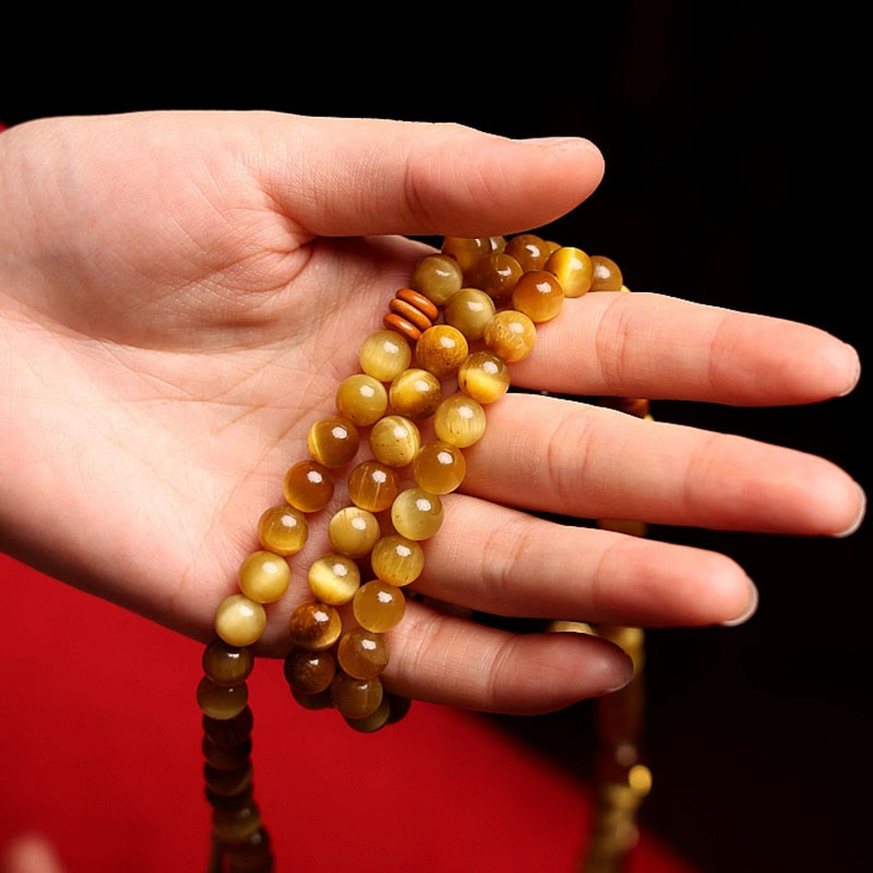 Buddha Stones 108 Mala Beads Natural Tiger Eye Copper Dorje Protection Tassel Bracelet Mala Bracelet BS 17