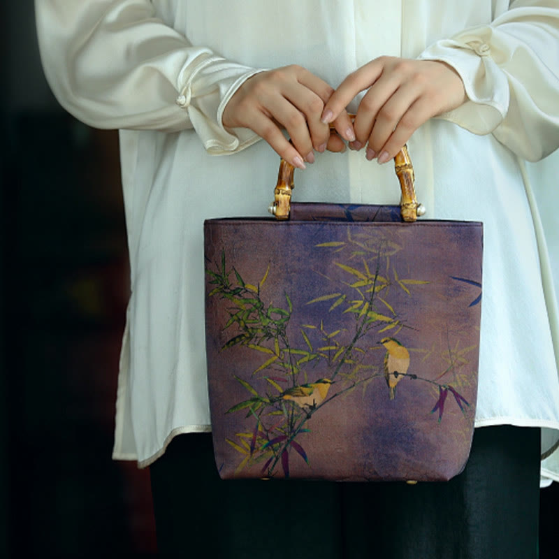 Buddha Stones Purple Magpie Birds Branches Bamboo Handles Handbag Handbags BS 9