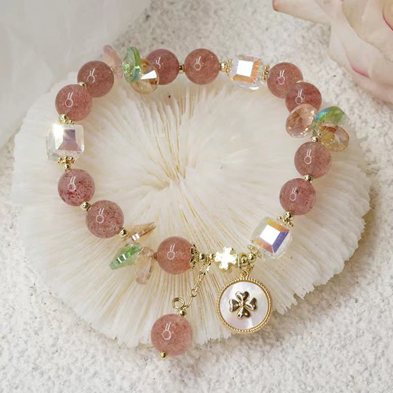 Buddha Stones Strawberry Quartz Lucky Four Leaf Clover Healing Charm Bracelet Bracelet BS 9