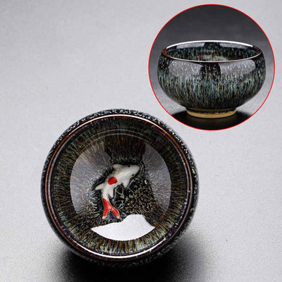 Buddha Stones Small Koi Fish Kiln Change Chinese Jianzhan Ceramic Teacup Kung Fu Tea Cup 60ml Jian Zhan Tea Cup BS Gray Blue 6.6cm*4.2cm*60ml