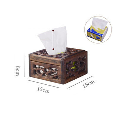 Buddha Stones Retro Wooden Tissue Box Engraved Wooden Tissue Holder Wipes Boxes Decoration Decorations BS 15*15*8cm-Fit For 100 Tissues