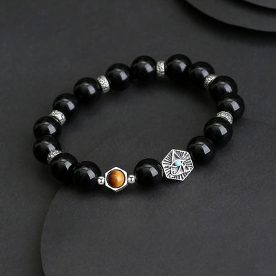 Foviel 925 Sterling Silver Black Obsidian Tiger Eye Eye of Providence Purification Bracelet