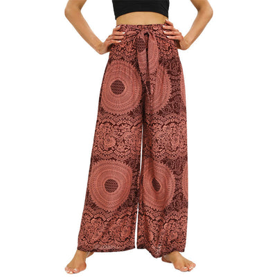 Buddha Stones Boho Lace-up Wide Leg Pants Women's Yoga Pants Women's Wide Leg Pants BS LightCoral F(Fit for US2-12; UK/AU6-16; EU34-44)
