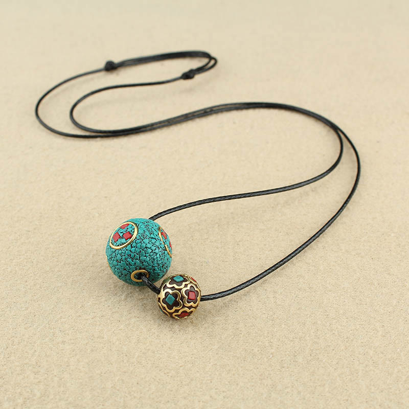 Buddha Stones Tibetan Turquoise Double Bead Protection Strength Necklace Pendant Necklaces & Pendants BS 4