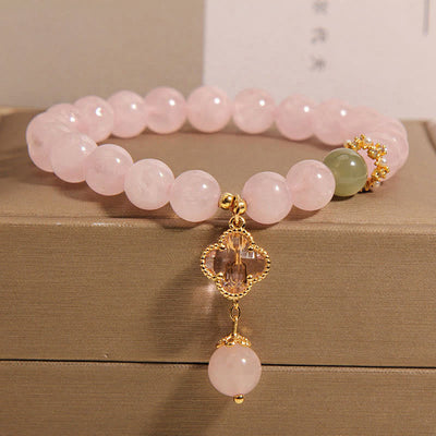 Buddha Stones Natural Pink Crystal Four Leaf Clover Soothing Bracelet Bracelet BS Pink CrystalWrist Circumference: 14-17cm)