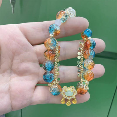 Buddha Stones Colorful Liuli Glass Bead Chinese Lock Charm Fortune Bracelet Bracelet BS 11