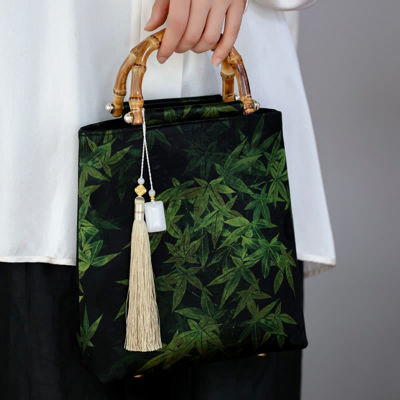Buddha Stones Bamboo Leaves Butterfly Koi Fish Bamboo Handles Handbag Handbags BS 1