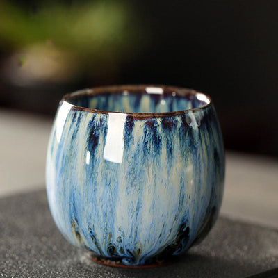 Buddha Stones Simple Multicolored Kiln Change Chinese Jianzhan Ceramic Teacup Kung Fu Tea Cup 110ml Jian Zhan Tea Cup BS Brown Blue 6.5cm*6cm*110ml