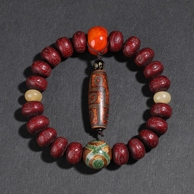 Buddha Stones Tibet Bodhi Seed Dzi Bead Dancing Lion Luck Bracelet Wrist Mala Bracelet BS 2