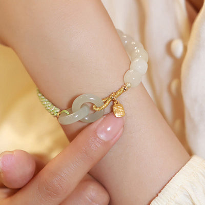 Buddha Stones Natural Hetian Jade Bead Double Peace Buckle Fu Character Abundance Braided Bracelet Bracelet BS 4
