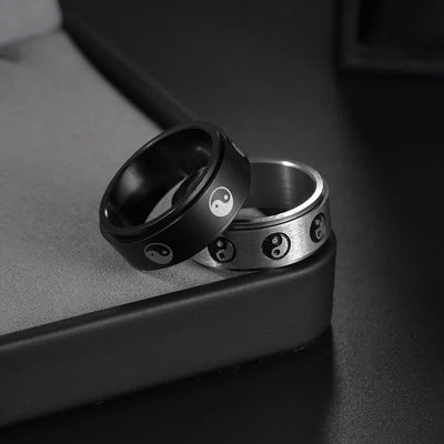 Buddha Stones Yin Yang Titanium Steel Balance Rotatable Ring Ring BS 2