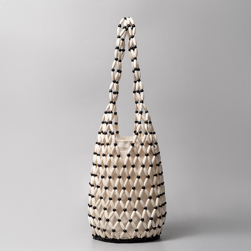 Buddha Stones Hand-woven Wooden Beads Bucket Shoulder Bag Handbag Handbags BS White&Black 16.5*16.5*36cm
