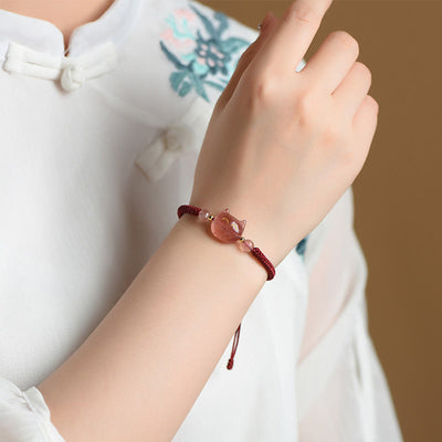 Buddha Stones Handmade Natural Silver Sheen Obsidian Strawberry Quartz Cute Cat Protection Braided Bracelet Bracelet BS 11