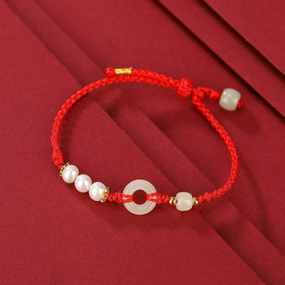 Buddha Stones 925 Sterling Silver Plated Gold Hetian Jade Peace Buckle Pearl Luck Bracelet Bracelet BS Red Rope(Wrist Circumference 14-16cm)
