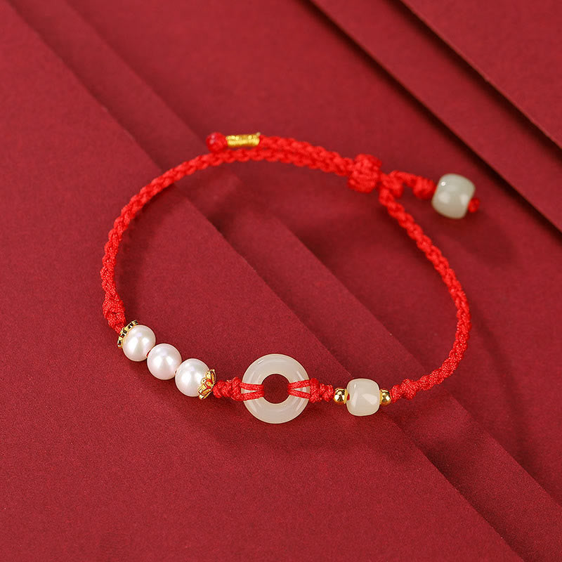 Buddha Stones 925 Sterling Silver Plated Gold Hetian Jade Peace Buckle Pearl Luck Bracelet Bracelet BS Red Rope(Wrist Circumference 14-16cm)