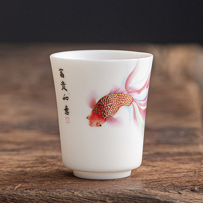Buddha Stones Koi Fish White Porcelain Ceramic Teacup Kung Fu Tea Cup Cup BS Koi Fish 5.2cm*6.3cm*65ml