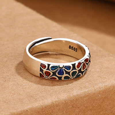 Buddha Stones Colorful Plum Blossoms Design Healing Copper Adjustable Ring Ring BS 2