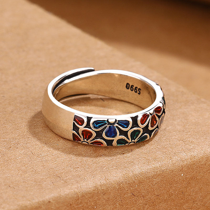 Buddha Stones Colorful Plum Blossoms Design Healing Copper Adjustable Ring Ring BS 2