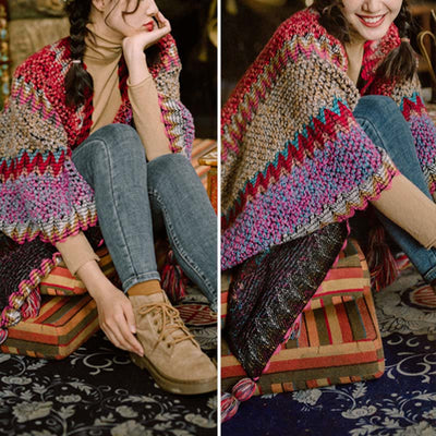 Buddha Stones Tibetan Shawl Knitting Warm Cloak Tibetan Tassel Scarf Tibetan Shawl BS 9