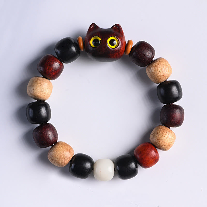Bracelet de protection Foviel à gravure de chat mignon en bois de santal rouge à petites feuilles et bois d'ébène