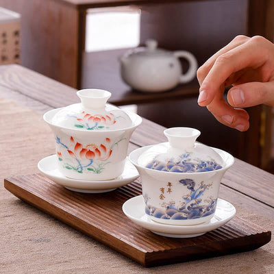 Buddha Stones White Porcelain Mountain Landscape Countryside Ceramic Gaiwan Teacup Kung Fu Tea Cup And Saucer With Lid Cup BS 33