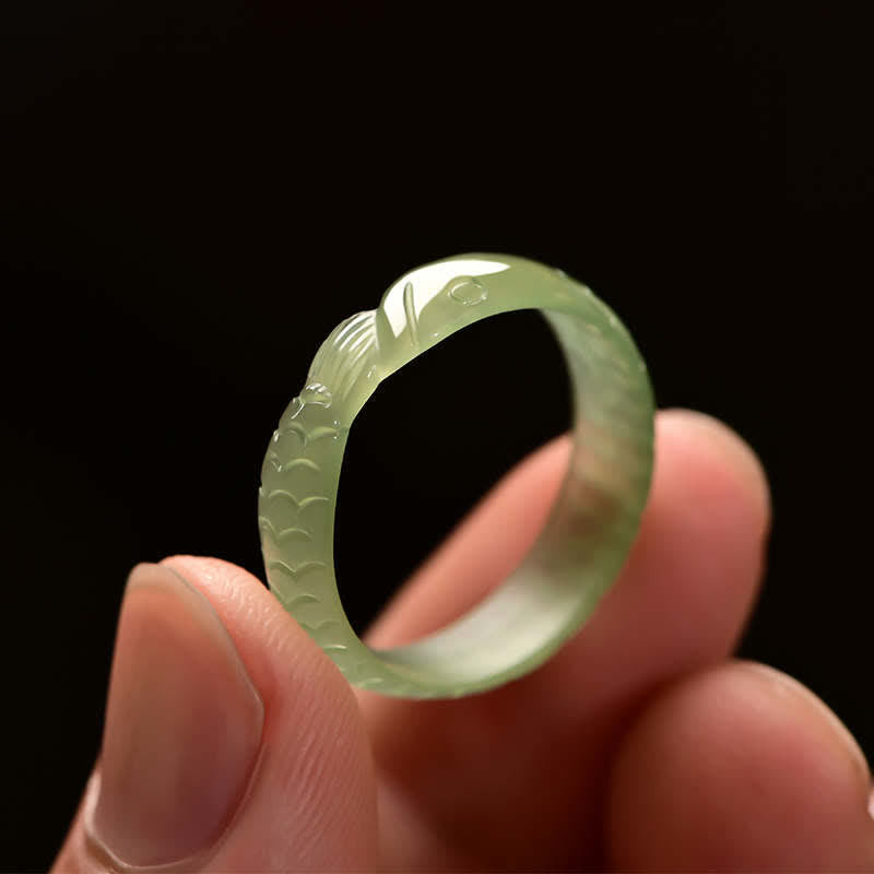 Foviel Hetian White Jade Cyan Jade Koi Fish Success Luck Ring