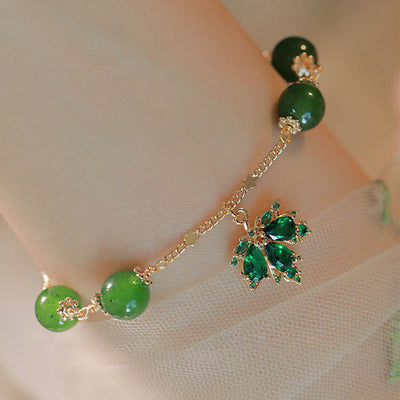 Buddha Stones 14k Gold Plated Green Chalcedony Maple Leaf Courage Strength Bracelet Bracelet BS 9