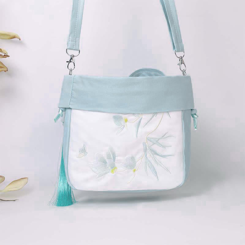 Buddha Stones Suzhou Embroidery Lotus Epiphyllum Magnolia Cotton Linen Tote Crossbody Bag Shoulder Bag Handbag Crossbody Bag BS 19