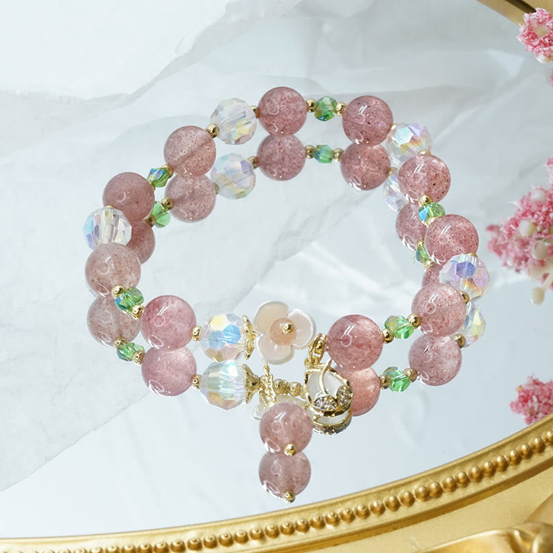 Buddha Stones Strawberry Quartz Rutilated Quartz Fluorite Flower Healing Bracelet Bracelet BS 9
