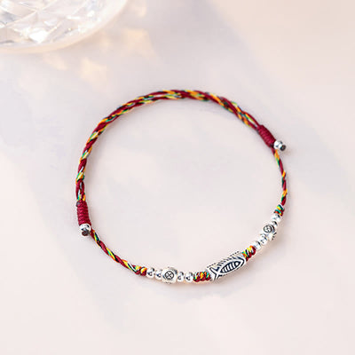 Buddha Stones 925 Sterling Silver Luck Koi Fish Braided Colorful String Bracelet Anklet Bracelet BS 8