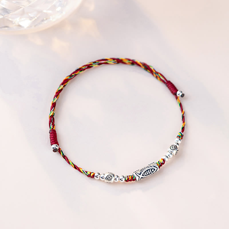 Buddha Stones 925 Sterling Silver Luck Koi Fish Braided Colorful String Bracelet Anklet Bracelet BS 8