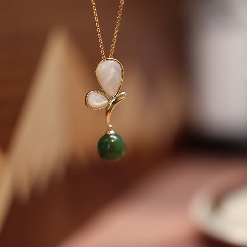 Buddha Stones Natural Butterfly Tridacna Stone Cyan Jade Copper Plated Gold Calm Necklace Pendant Ring Earrings Set Bracelet Necklaces & Pendants BS Necklace