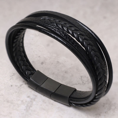 Buddha Stones Natural Lava Rock Black Onyx Bead Leather Bracelet Bracelet BS No Bead Edition