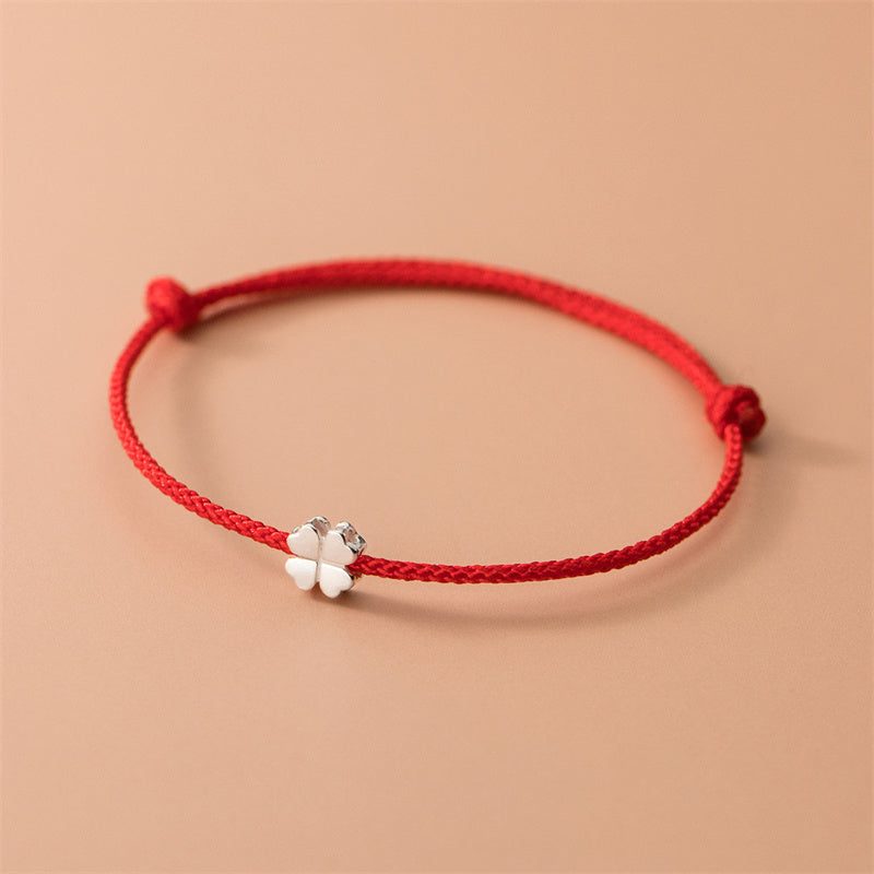 Buddha Stones 925 Sterling Silver Four Leaf Clover Red Rope Bracelet Bracelet BS Four Leaf Clover(Wrist Circumference 14-20cm)