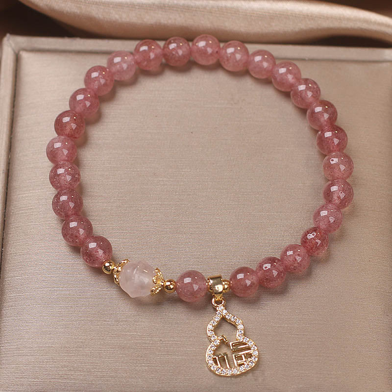 Buddha Stones Strawberry Quartz Gourd Fu Character Charm Positive Bracelet Bracelet BS 1