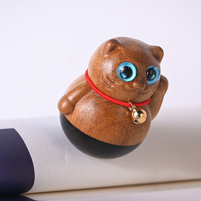 Buddha Stones Mini Lucky Cat Kitten Phoebe Zhennan Wood Blessing Decoration Decorations BS 5