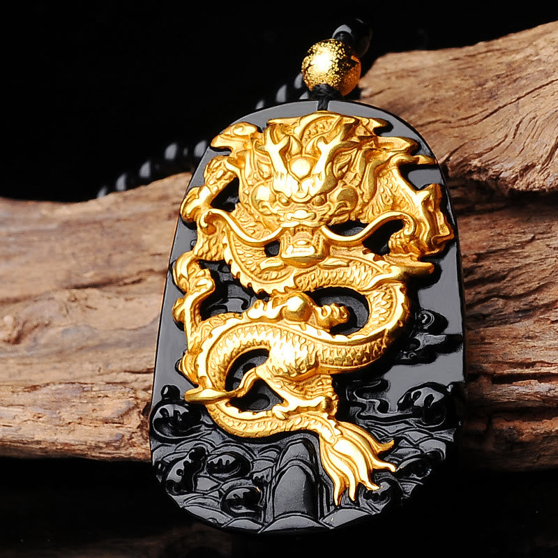 Collier avec pendentif porte-bonheur Foviel en obsidienne et dragon plaqué or 18 carats