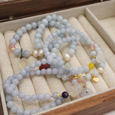 Buddha Stones Natural Aquamarine Chalcedony Serenity Rabbit Gourd Cat Charm Bracelet Bracelet BS 14