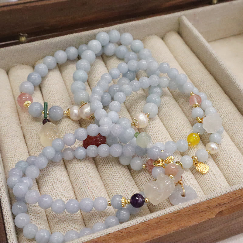 Buddha Stones Natural Aquamarine Chalcedony Serenity Rabbit Gourd Cat Charm Bracelet Bracelet BS 14