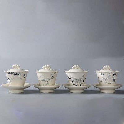 Buddha Stones Hand Painted Pomegranate Hibiscus Pine Lotus Ceramic Gaiwan Sancai Teacup Kung Fu Tea Cup And Saucer With Lid Cup BS 22