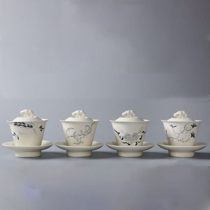 Buddha Stones Hand Painted Pomegranate Hibiscus Pine Lotus Ceramic Gaiwan Sancai Teacup Kung Fu Tea Cup And Saucer With Lid Cup BS 22