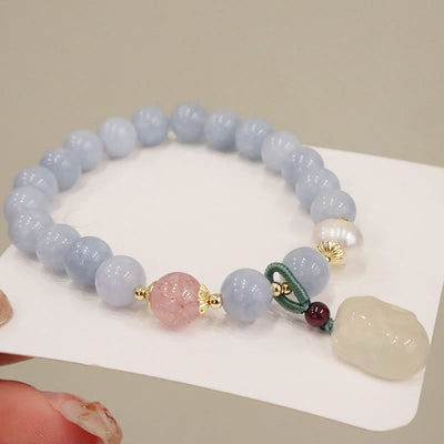 Buddha Stones Natural Aquamarine Chalcedony Serenity Rabbit Gourd Cat Charm Bracelet Bracelet BS 3