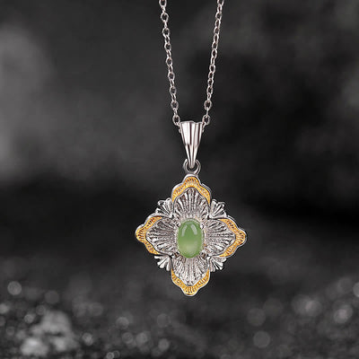 Buddha Stones 925 Sterling Silver Plated Gold Hetian Cyan Jade Rhombus Design Luck Healing Necklace Pendant Necklaces & Pendants BS 1