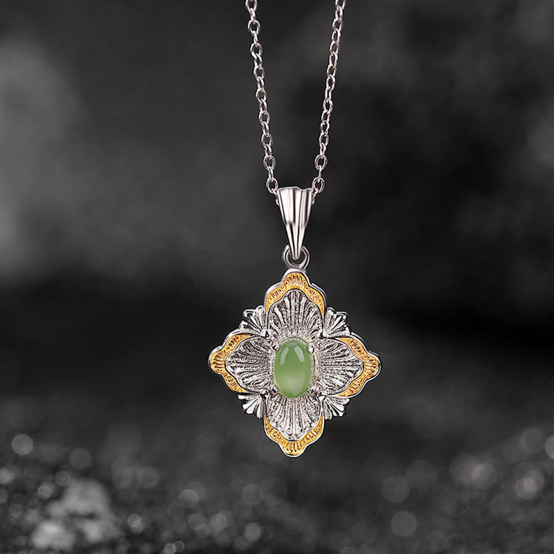 Buddha Stones 925 Sterling Silver Plated Gold Hetian Cyan Jade Rhombus Design Luck Healing Necklace Pendant Necklaces & Pendants BS 1