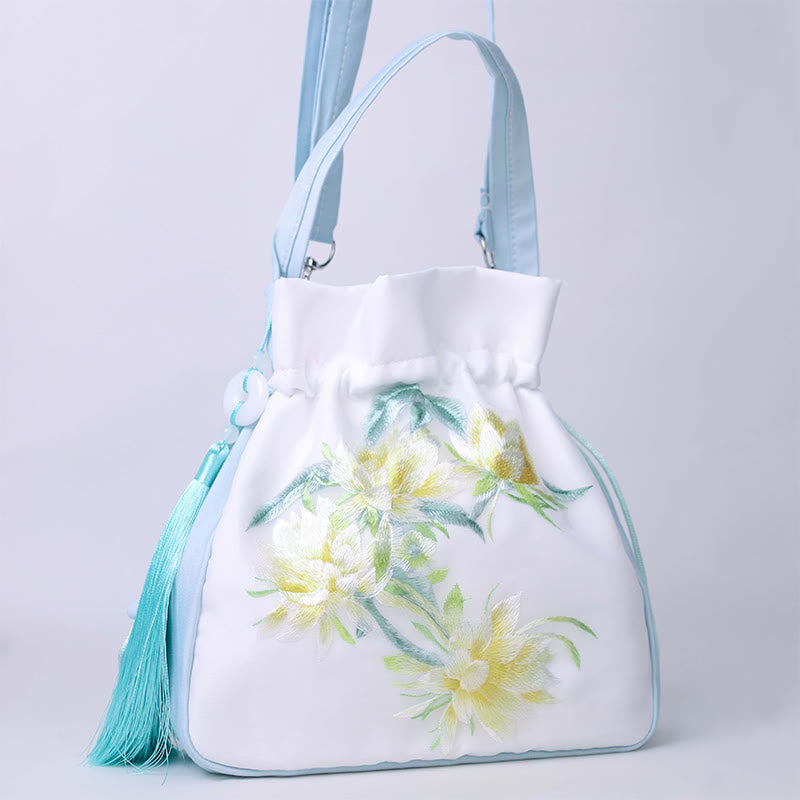Buddha Stones Suzhou Embroidery Rabbit Lotus Epiphyllum Peony Magnolia Silk Tote Crossbody Bag Shoulder Bag Handbag Crossbody Bag BS 1