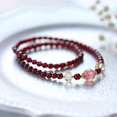 Buddha Stones 14K Gold Plated Natural Garnet Strawberry Quartz Stability Double Wrap Bracelet Bracelet BS 2
