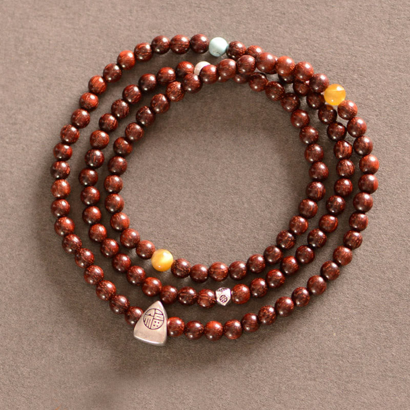 Foviel 925 Sterling Silber Indisches Blatt Rot Sandelholz Fu Charakterschutz Dreifach-Wrap-Armband
