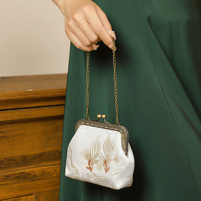 Buddha Stones Orchids Oriental Cherry Butterfly Embroidery Metal Handle Handbag Handbags BS Orchid 11*4*11cm