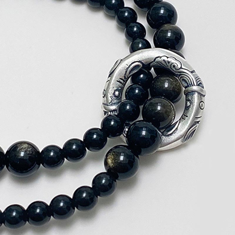 Buddha Stones 999 Sterling Silver Black Obsidian Fulfillment Strength Double Layer Bracelet Bracelet BS 4