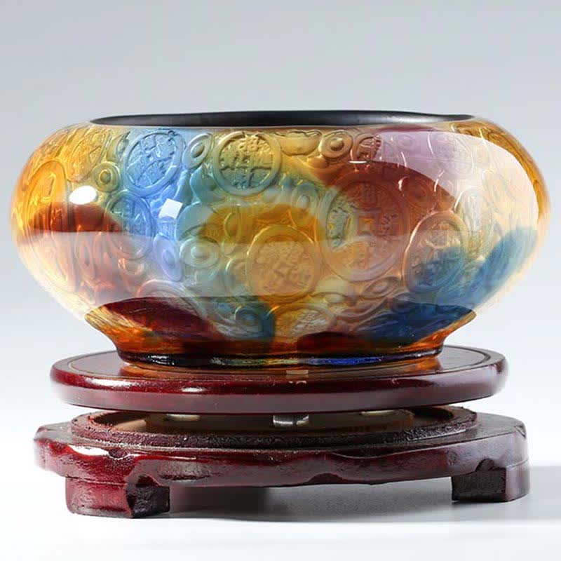 Buddha Stones Handmade Liuli Crystal Treasure Bowl Ingots Art Piece Home Decoration Decorations BS 7